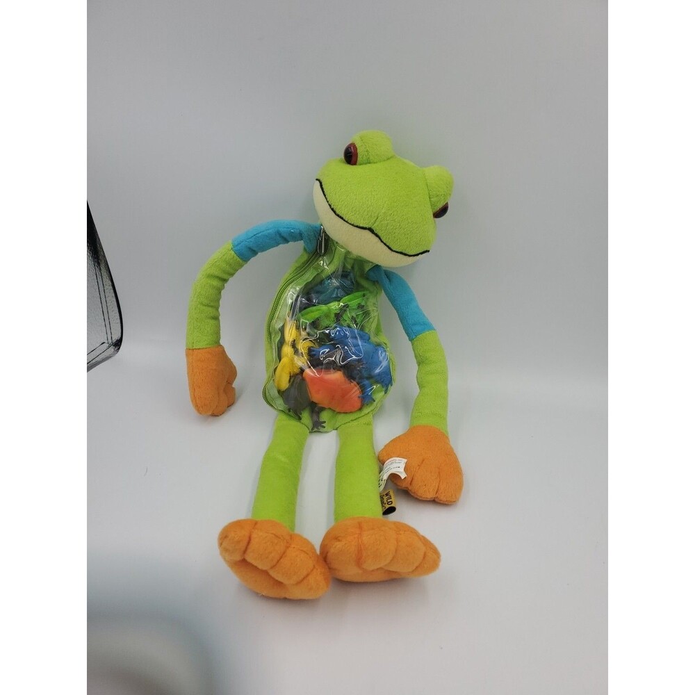 2009 K&M Wild Republic Plush Green Hugger Toad W/5 plastic Frogs Stuffed Animal